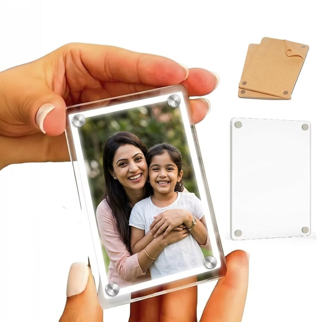 Polaroid acrylic photo fridge magnet set of 4 with family photos and silver screw corners – Fashionury