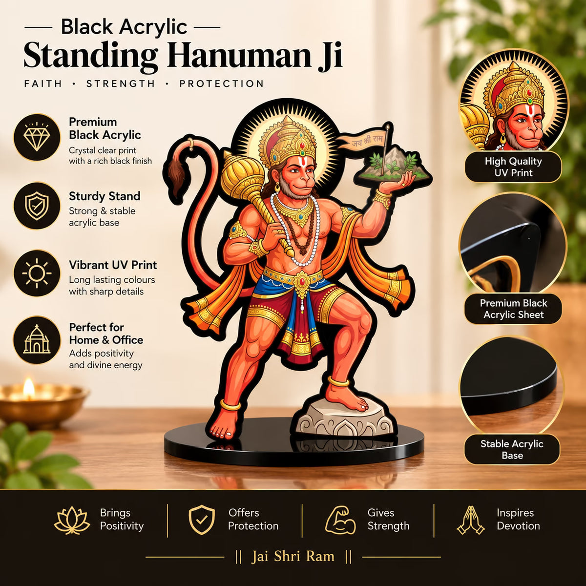 Lord Hanuman acrylic standee with Sanjeevani Parvat and Jai Shri Ram flag on black base – Fashionury