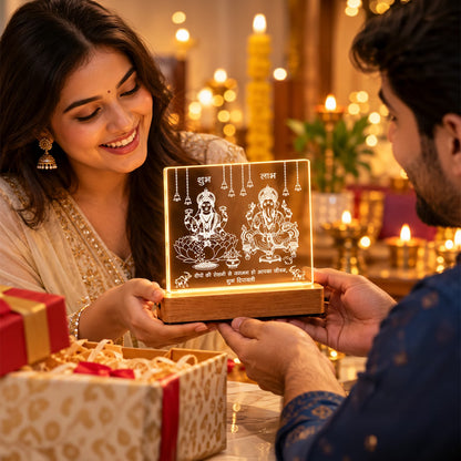 Shubh Labh Lakshmi Ganesh laser engraved acrylic LED table lamp with warm glow wooden stand – Fashionury