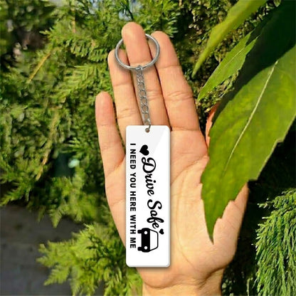 Drive Safe acrylic keychain with heartfelt quote, car and heart design