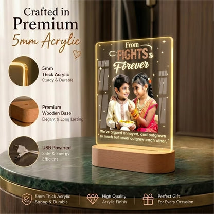 Infographic View of Fights to Forever acrylic LED photo lamp with sibling portrait and quote