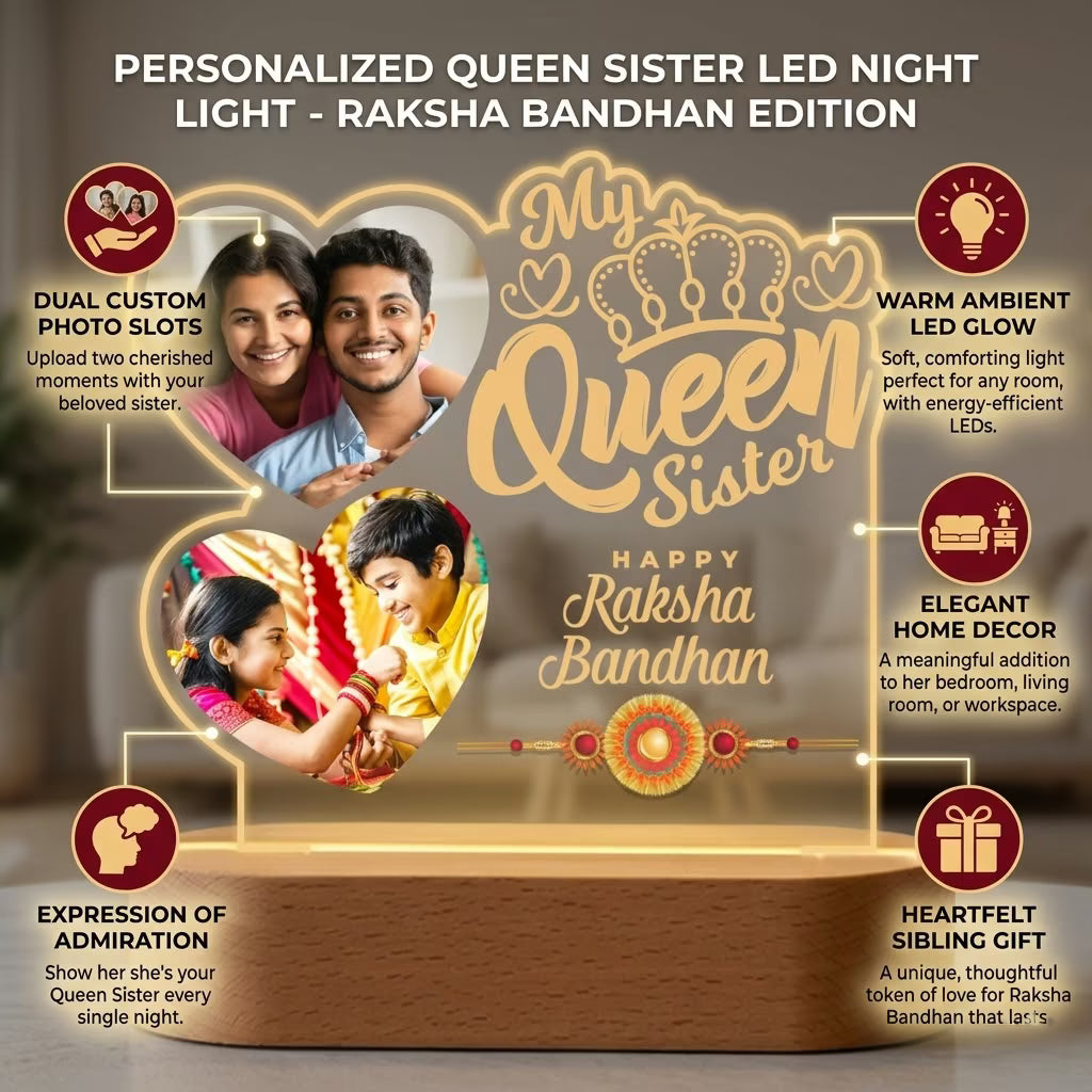 Infographic View of My Queen Sister Raksha Bandhan acrylic LED lamp with two heart photos and crown