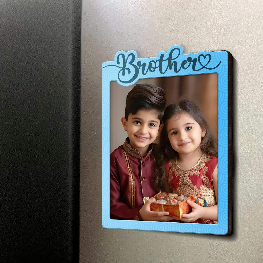 Brother custom photo wooden fridge magnet with laser-cut script and blue wave design