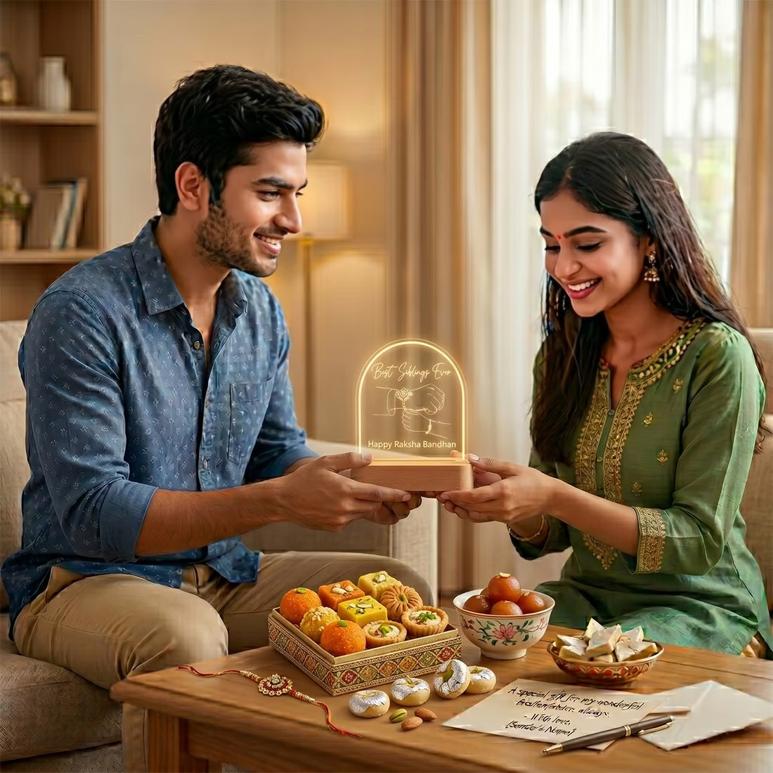 Best Siblings Ever Raksha Bandhan acrylic LED lamp with Rakhi tying line art