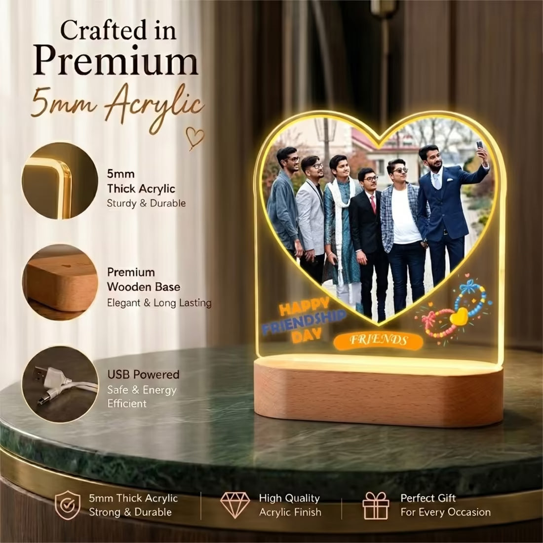 Happy Friendship Day heart photo acrylic LED lamp with friends group portrait