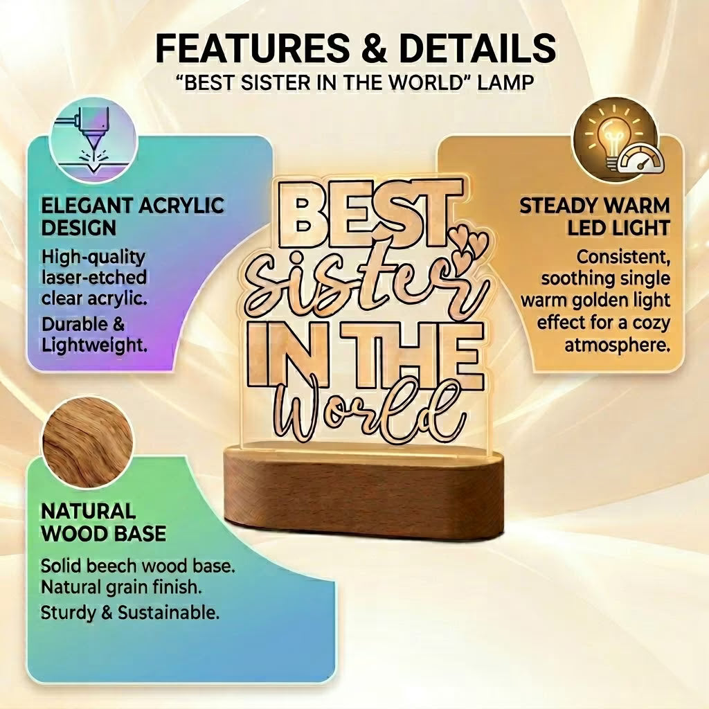 Best Sister in the World acrylic LED lamp with pastel typography on wooden base