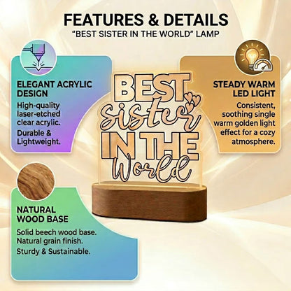 Best Sister in the World acrylic LED lamp with pastel typography on wooden base