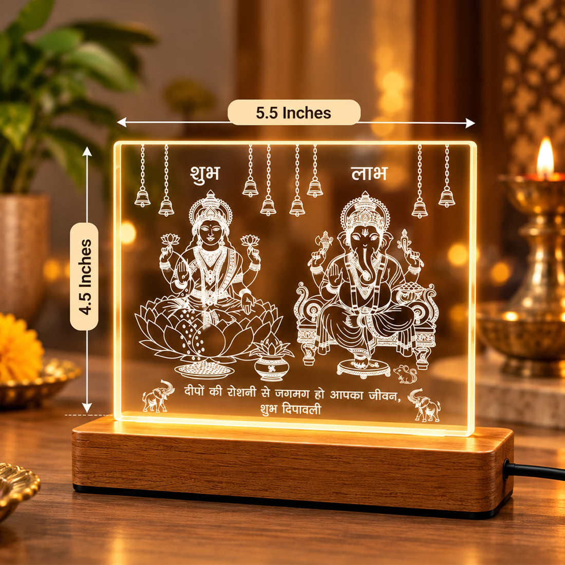 Shubh Labh Lakshmi Ganesh laser engraved acrylic LED table lamp with warm glow wooden stand – Fashionury