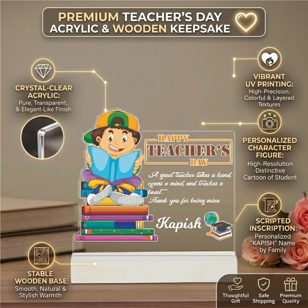 Personalized Happy Teachers Day acrylic plaque with custom name, quote and cartoon design on wooden base – Fashionury