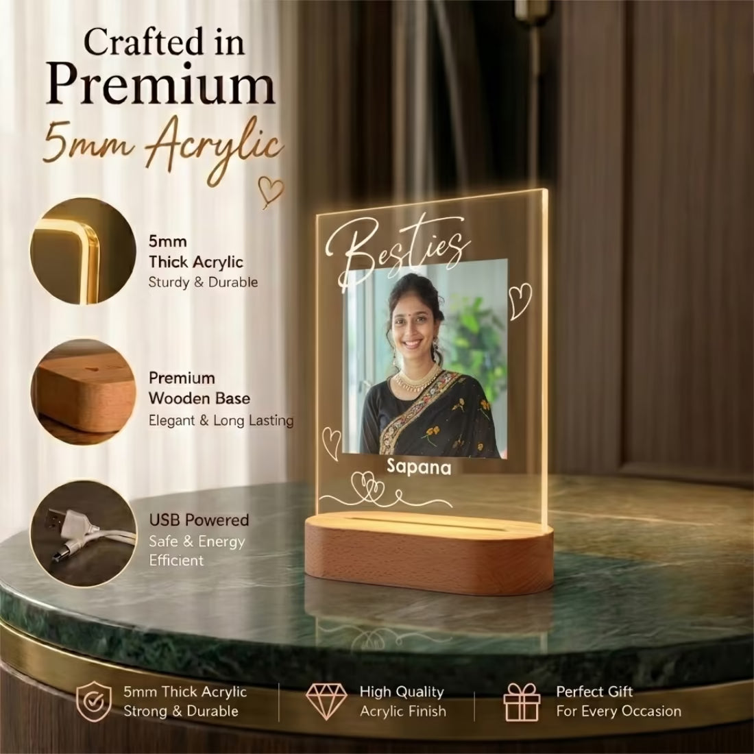 Infographic View of Besties' custom photo acrylic LED lamp with two friends' portraits and names
