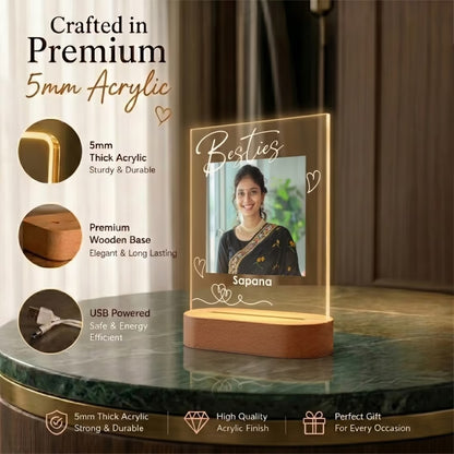 Infographic View of Besties' custom photo acrylic LED lamp with two friends' portraits and names