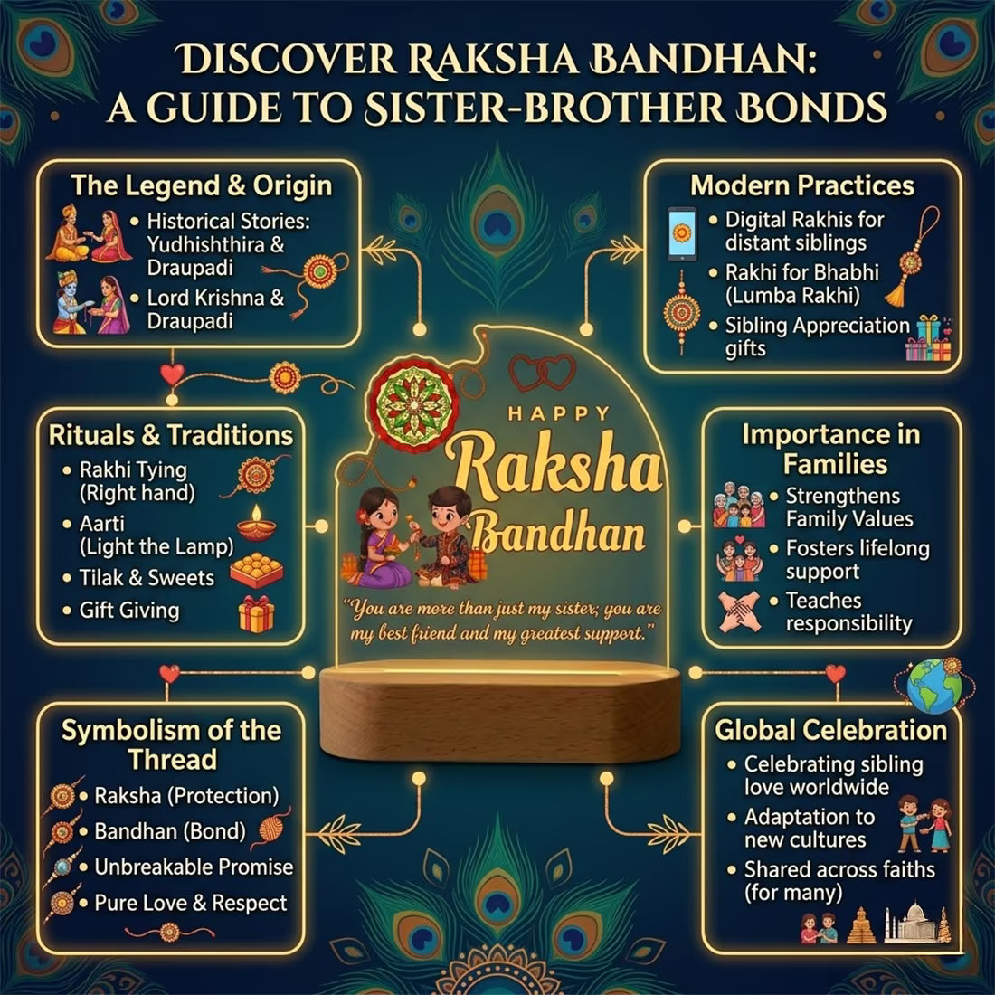 Infographic View of Happy Raksha Bandhan acrylic LED lamp with brother sister illustration and quote