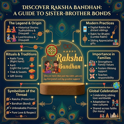 Infographic View of Happy Raksha Bandhan acrylic LED lamp with brother sister illustration and quote
