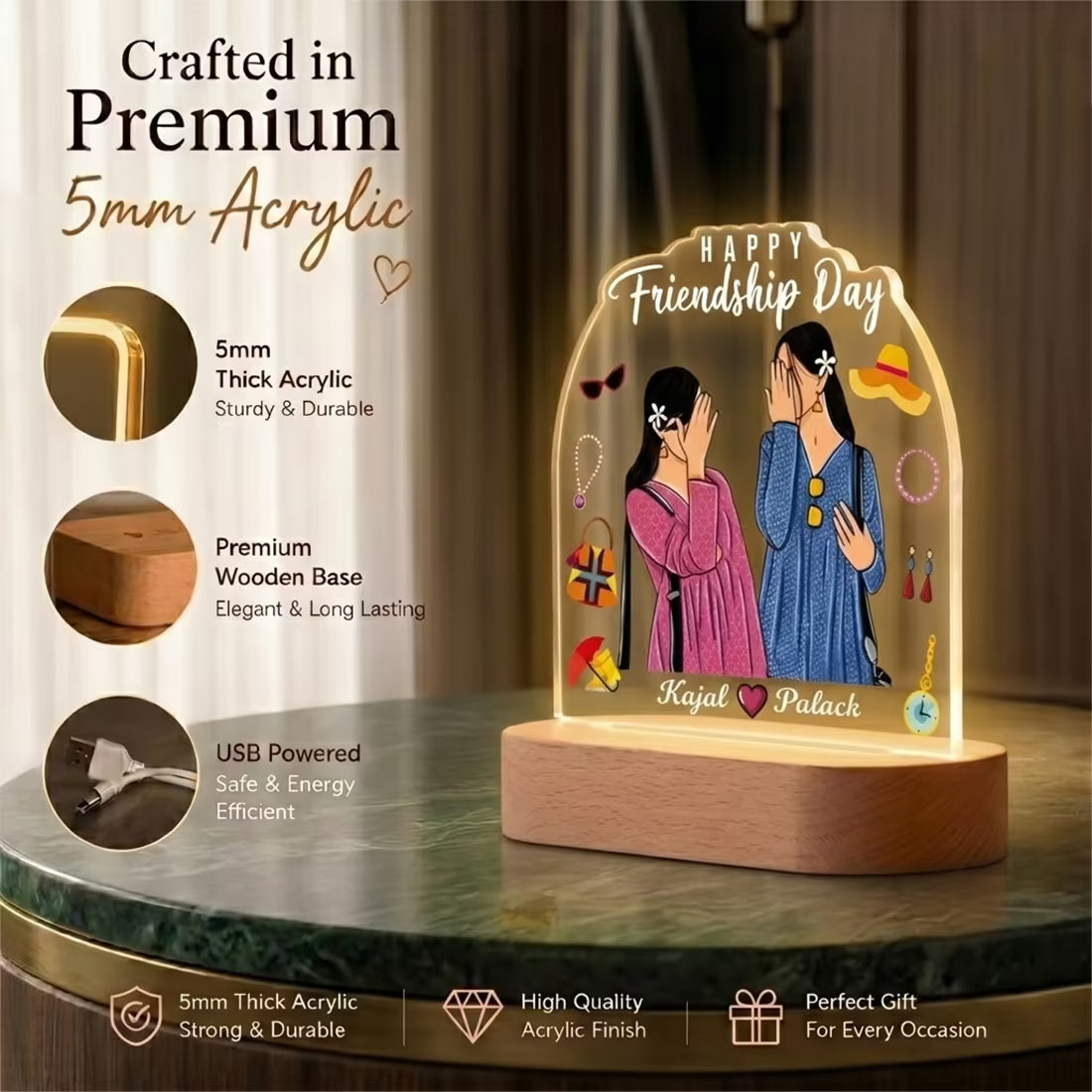 Happy Friendship Day acrylic LED lamp with bestie duo illustration and names