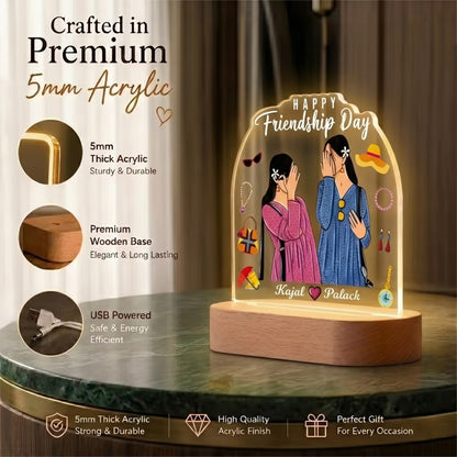 Happy Friendship Day acrylic LED lamp with bestie duo illustration and names