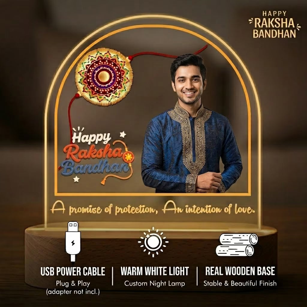Happy Raksha Bandhan custom photo acrylic LED lamp with Rakhi motif and quote