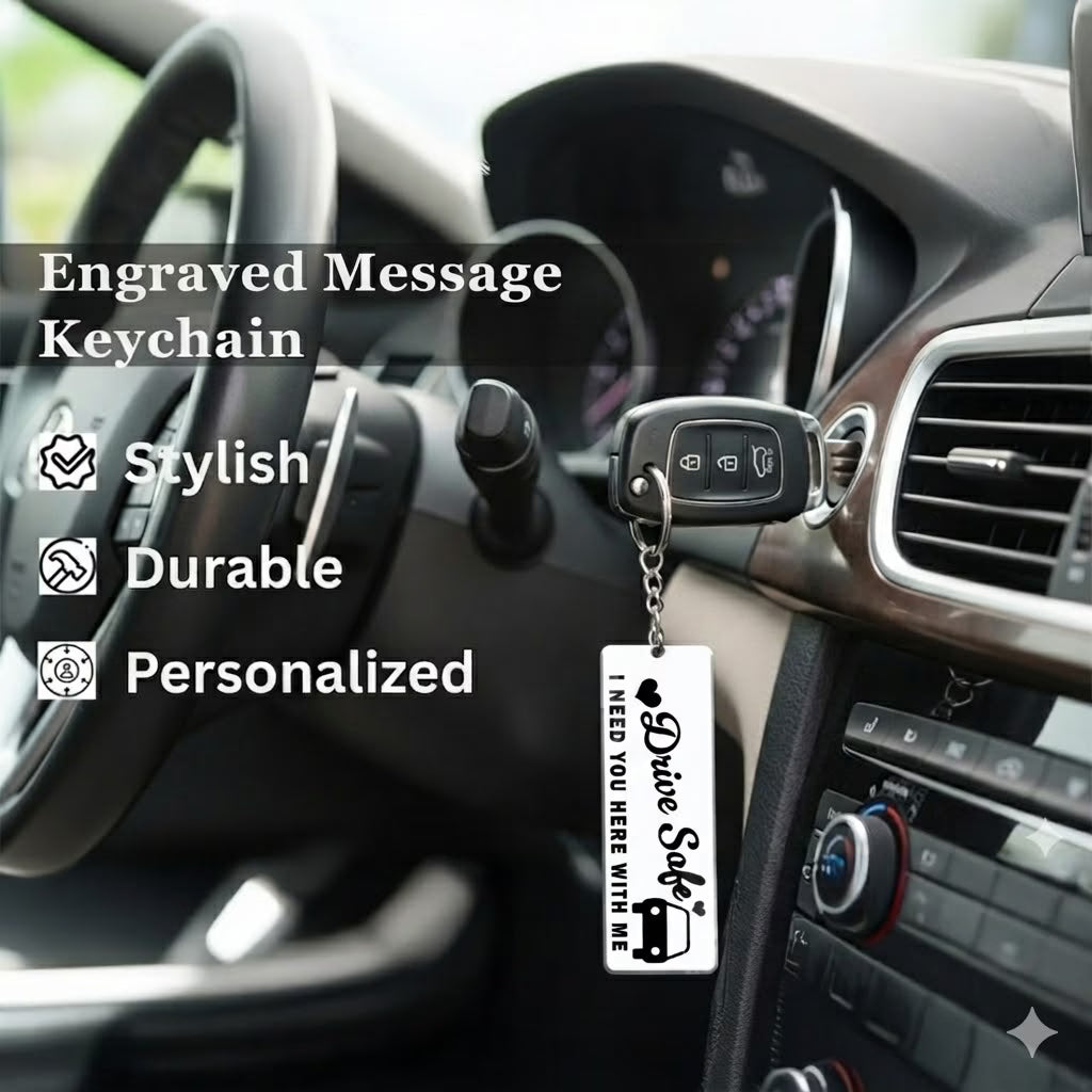 Drive Safe acrylic keychain with heartfelt quote, car and heart design