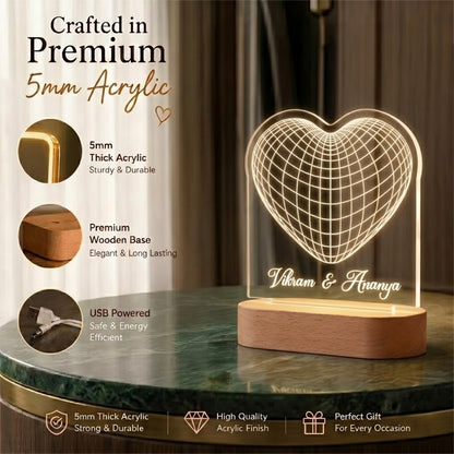 3D Heart laser engraved acrylic LED lamp with custom couple names on wooden base