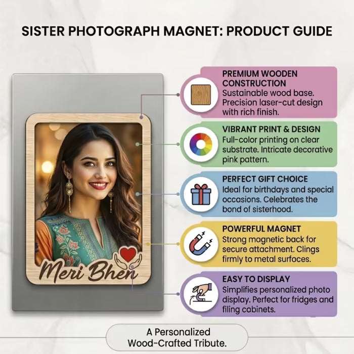 Meri Bhen custom photo wooden fridge magnet with script and red heart accent