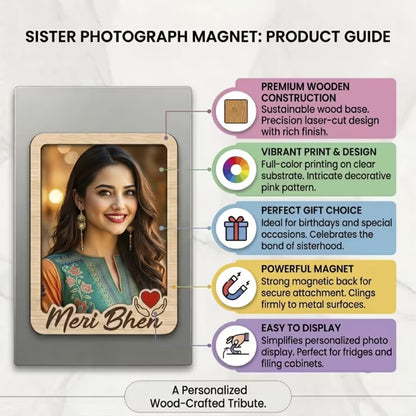 Meri Bhen custom photo wooden fridge magnet with script and red heart accent