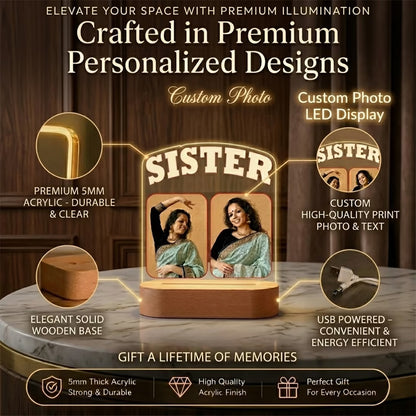 Infographic View of Sister custom 2 photo acrylic LED lamp with bold typography on wooden base