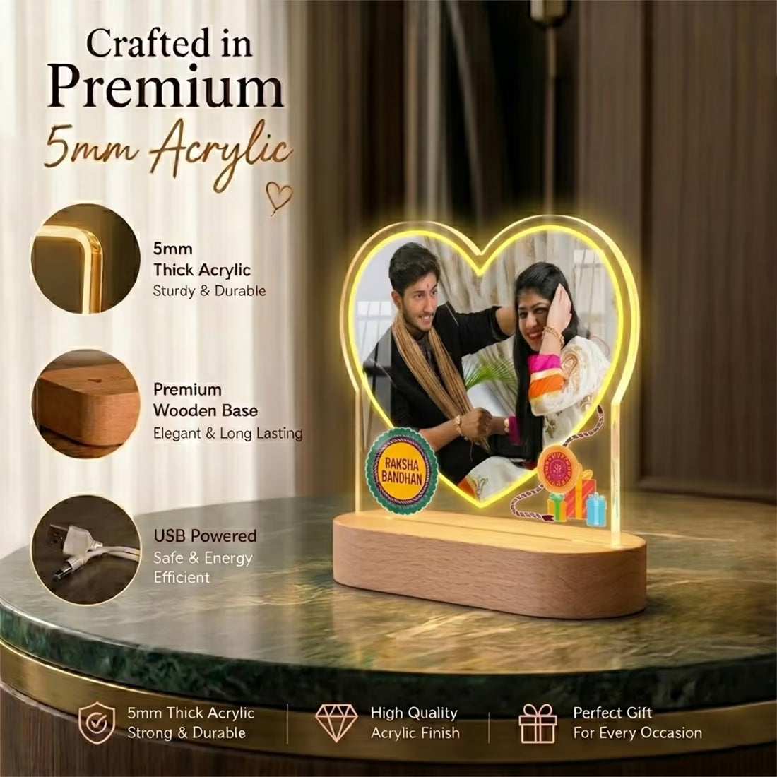 Infographic View of Happy Raksha Bandhan heart photo acrylic LED lamp with brother sister portrait