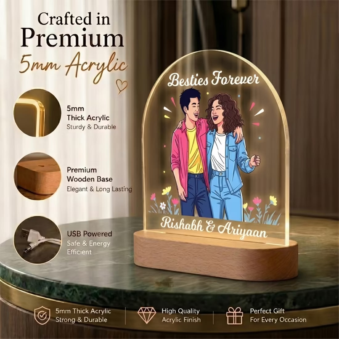 Besties Forever acrylic LED lamp with bestie duo illustration and custom names