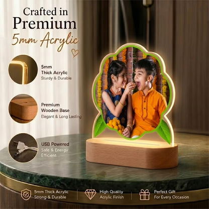 Infographic View of Raksha Bandhan custom photo acrylic LED lamp with floral cut and wooden base