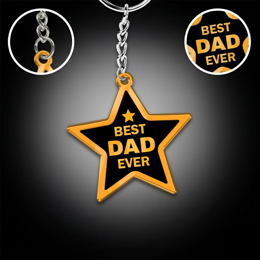 Best Dad Ever star shape acrylic keychain with golden text and metal ring

