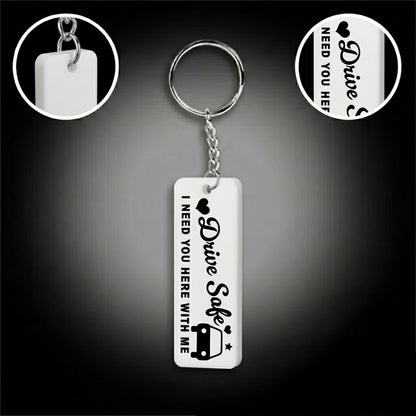 Drive Safe acrylic keychain with heartfelt quote, car and heart design