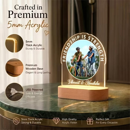 Infographic View of Friendship Is Strength acrylic LED lamp with bestie photo and custom names