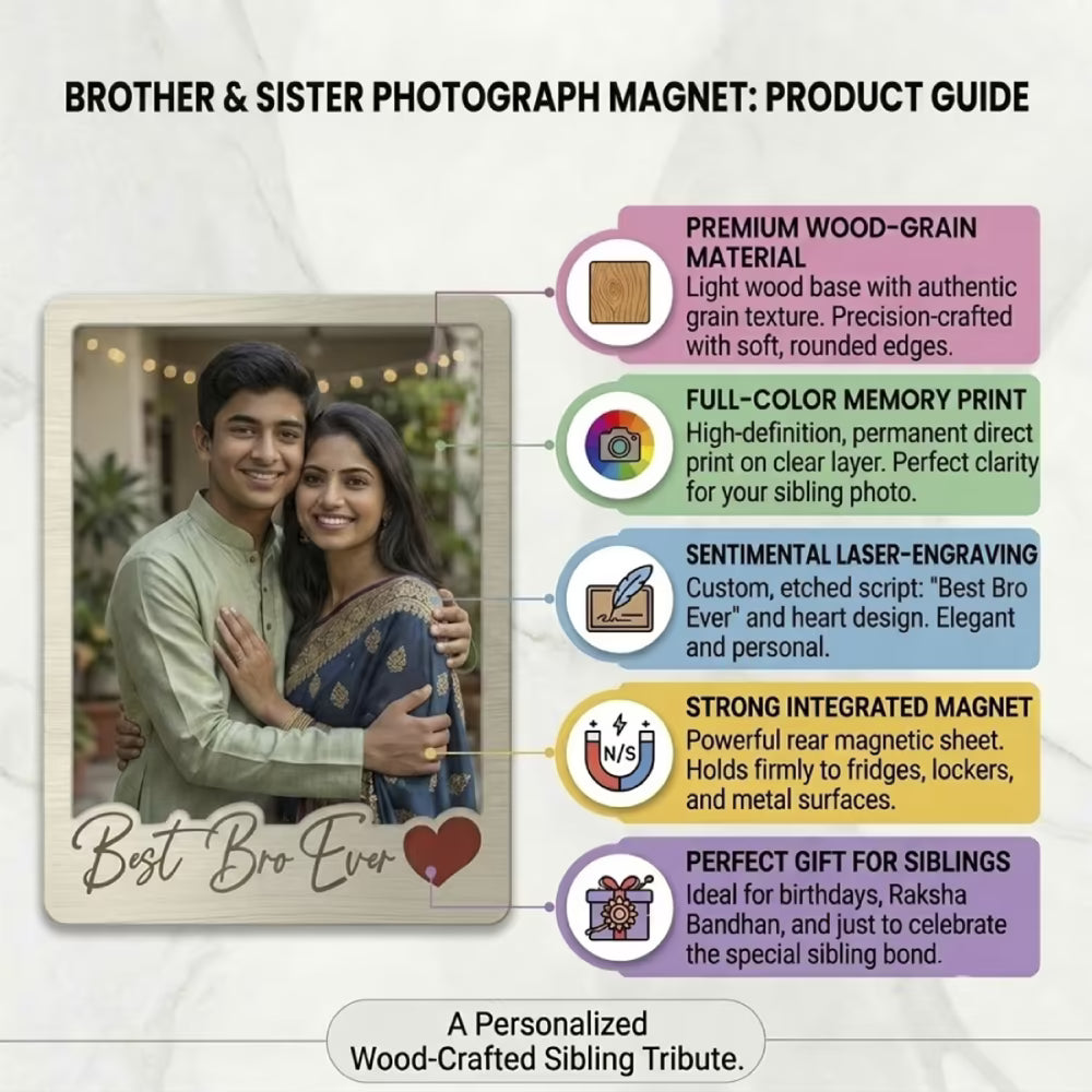 Best Bro Ever custom photo wooden fridge magnet with polaroid design and heart