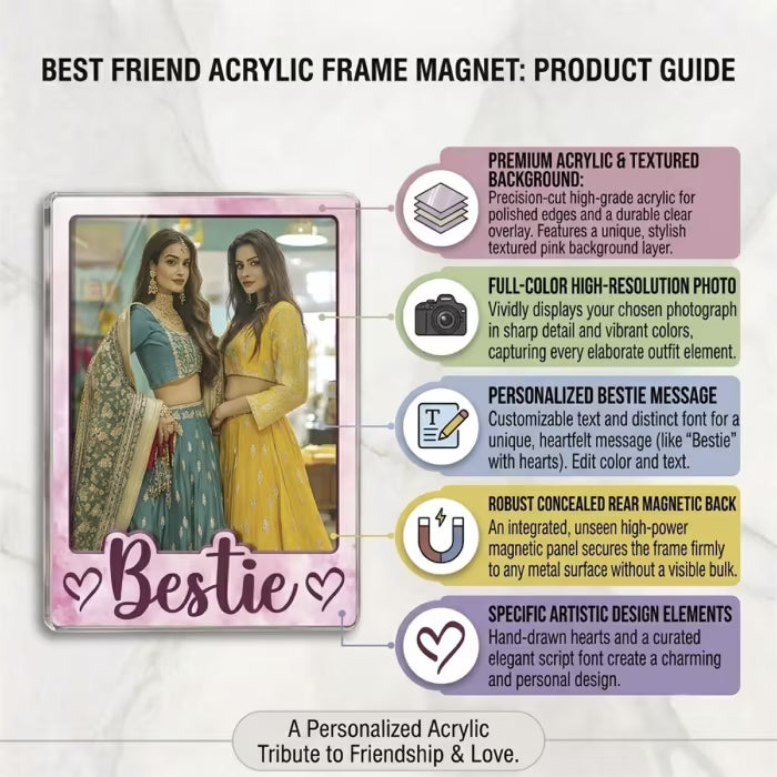 Bestie custom photo wooden fridge magnet with bold script and pink watercolour design