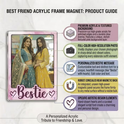 Bestie custom photo wooden fridge magnet with bold script and pink watercolour design