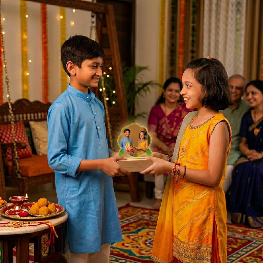 Raksha Bandhan custom photo acrylic LED lamp with floral cut and wooden base