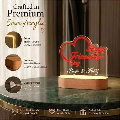 Happy Friendship Day acrylic LED lamp with heart design and custom bestie names