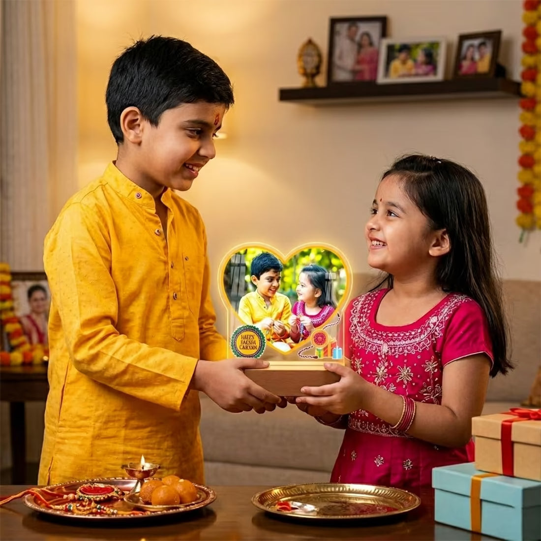 Happy Raksha Bandhan heart photo acrylic LED lamp with brother sister portrait