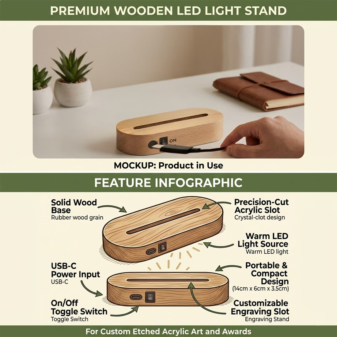 Personalized Brother acrylic LED table lamp with custom 2 photo print and warm glow wooden base – Fashionury