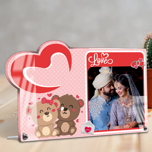 Cute anniversary gift. Personalized Custom photo frame with bears and wedding rings.