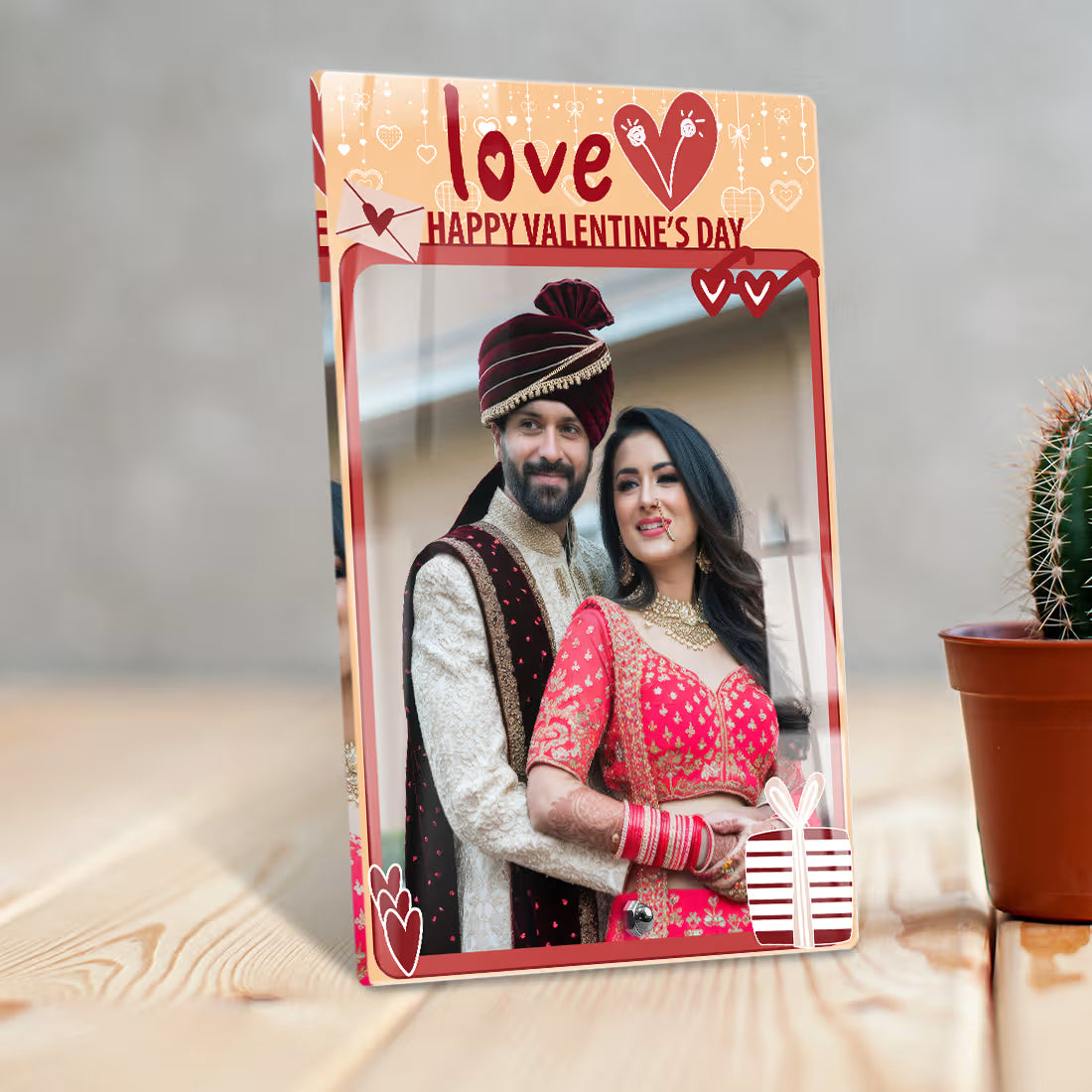 Valentine's Day Acrylic Custom Photo frame with a Heart, gift box decor and metal stud support