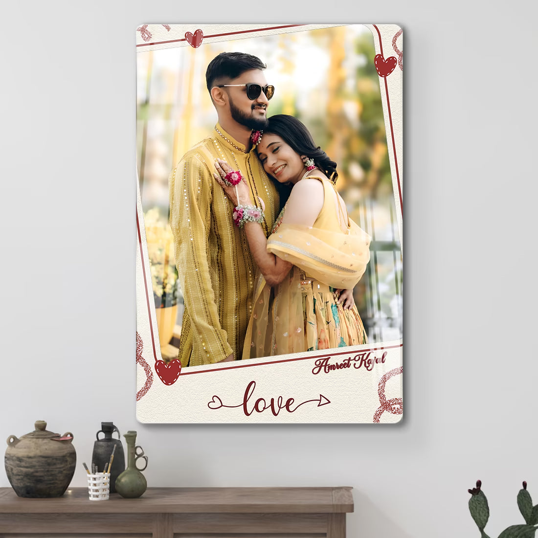 Personalised Love couple acrylic wall frame with portrait, names and heart border design for anniversary gift