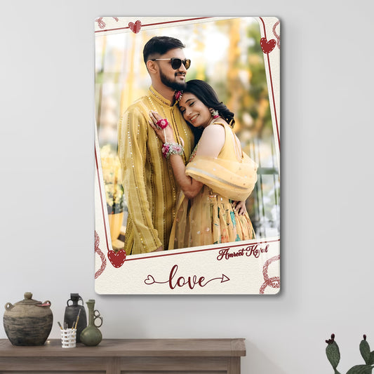 Personalised Love couple acrylic wall frame with portrait, names and heart border design for anniversary gift