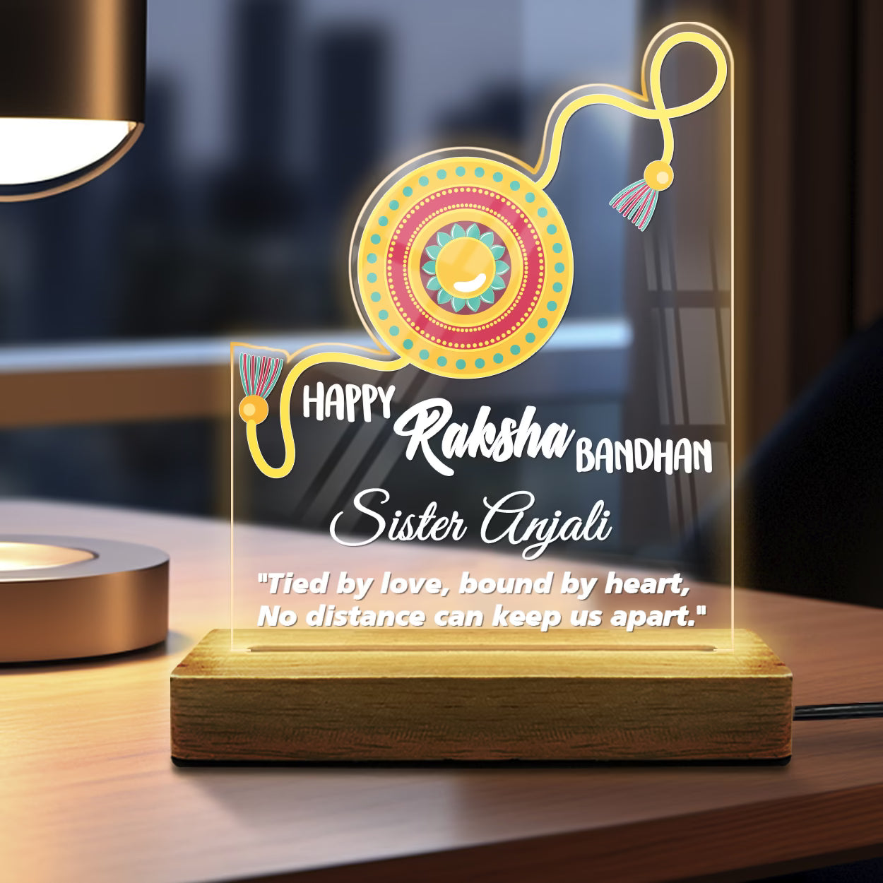 Personalized Raksha Bandhan acrylic LED lamp with custom name, rakhi design and love quote on wooden base – Fashionury