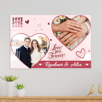 Personalised Love You Forever couple acrylic wall frame with two heart photos, names and romantic pink design

