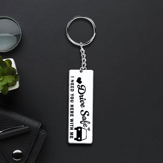 Drive Safe acrylic keychain with heartfelt quote, car and heart design