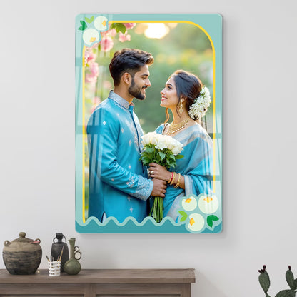 Personalised couple acrylic wall frame with romantic portrait, arch design and pastel floral border

