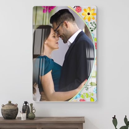 Personalised couple acrylic wall frame with romantic portrait and vibrant floral border design