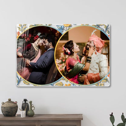 Personalised couple acrylic wall frame with two circular wedding portraits and royal floral border design
