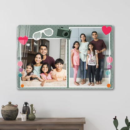 Personalised family acrylic wall frame with two photos, hearts and playful camera design for home decor