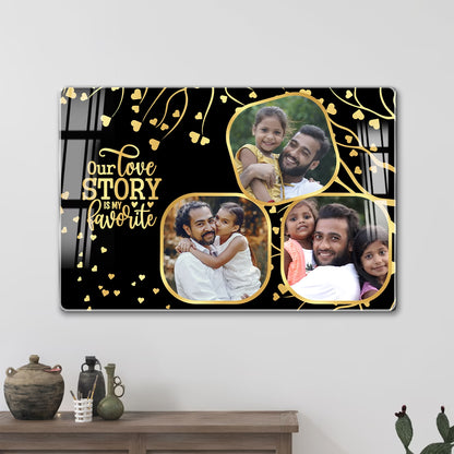 Our Love Story acrylic wall frame with three photo collage and gold heart design

